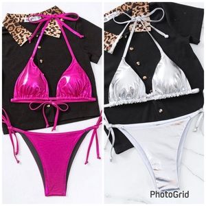 New shein metallic bikini set triangle bra & thong bottom 2 piece suit bundle